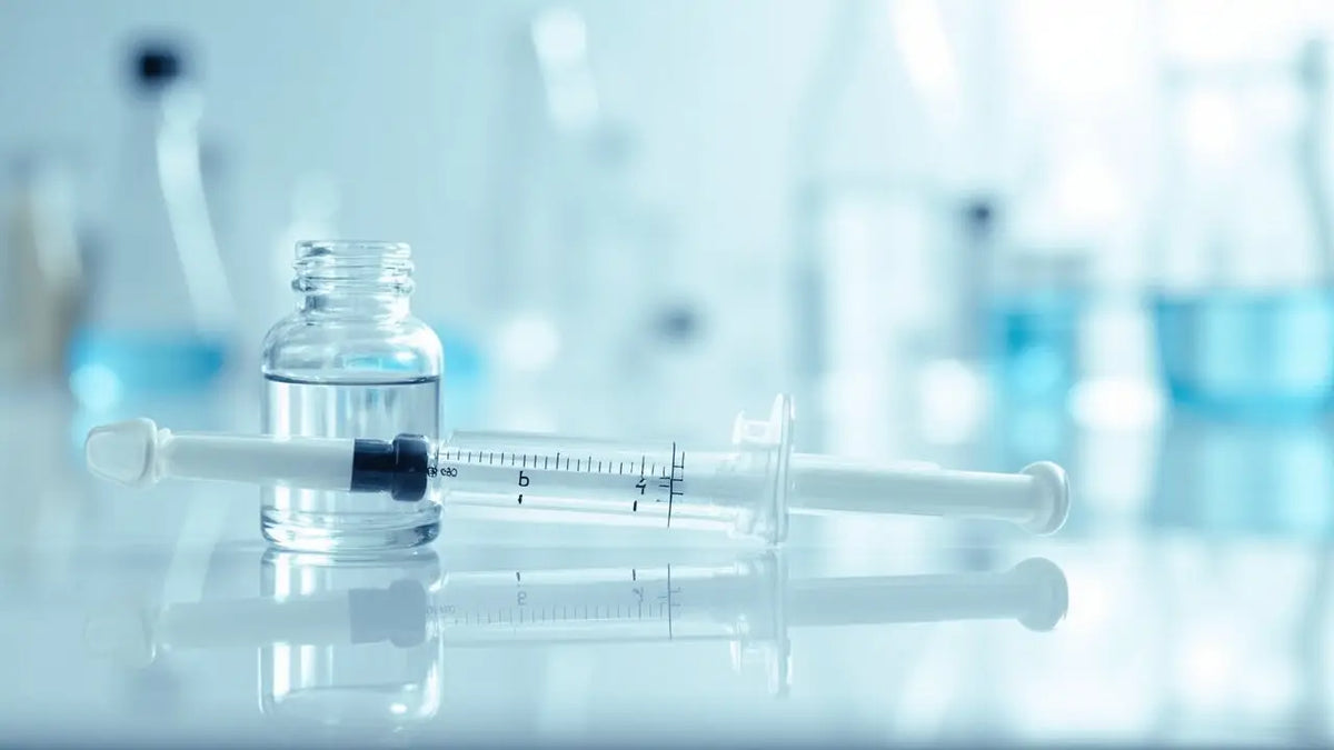 Clear glass vial with black cap and white ml-marked syringe for BPC 157 TB 500 peptides