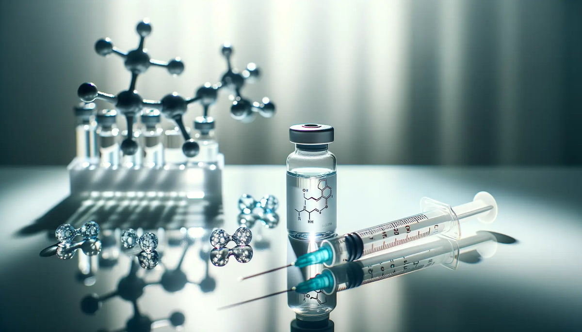 GHK-Cu peptide vial with engraved molecular structure and clear liquid