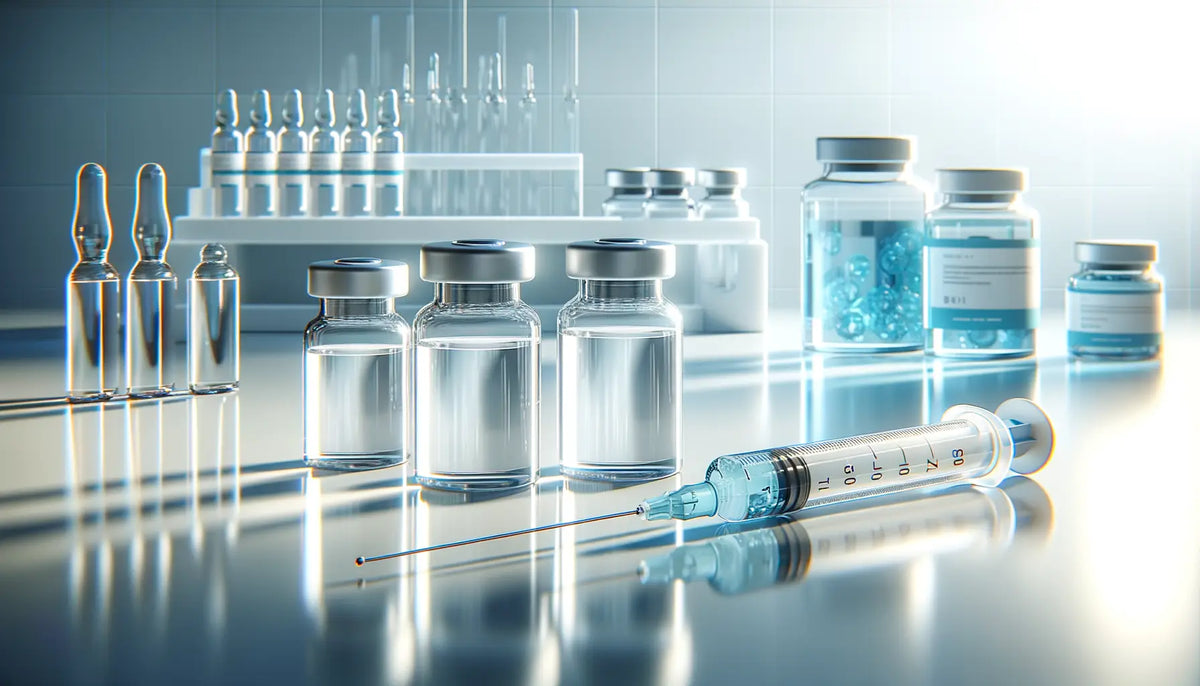Translucent blue GHK-Cu peptide syringe with needle on reflective surface