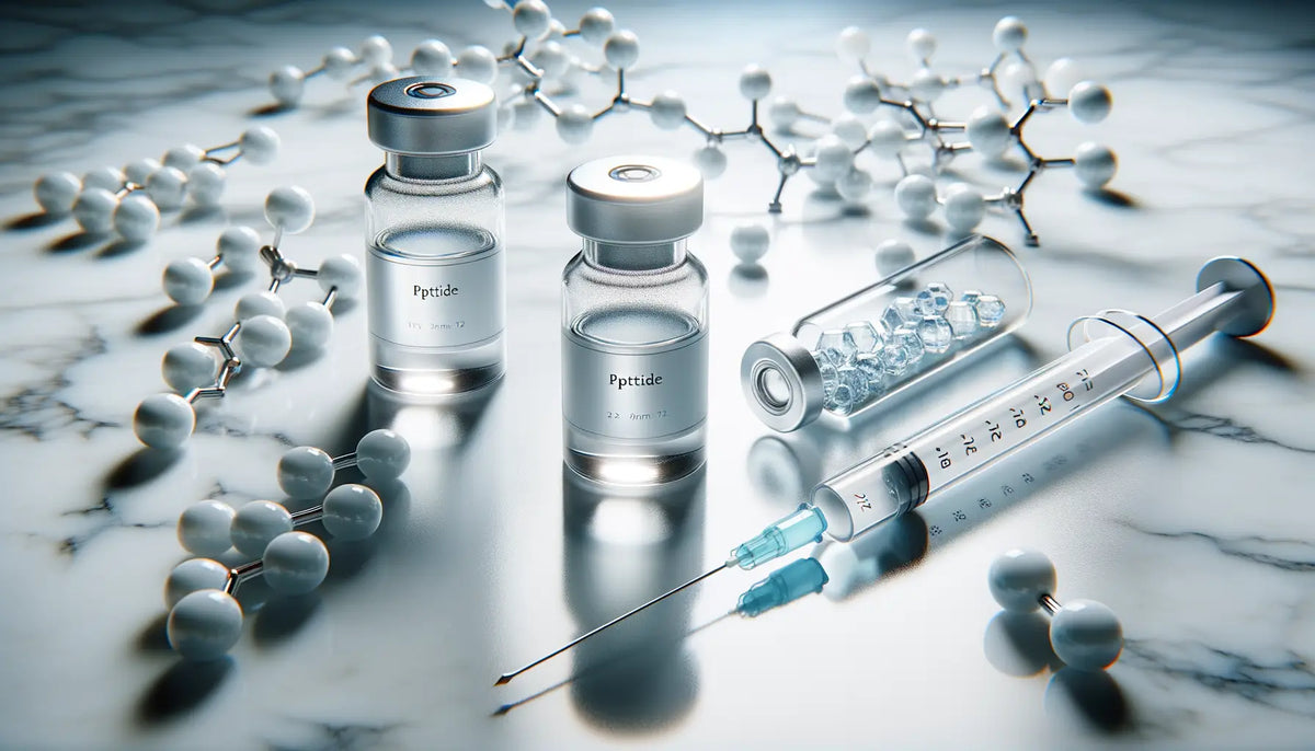 Quality peptide vials with silver caps, syringes on marble in buyers guide