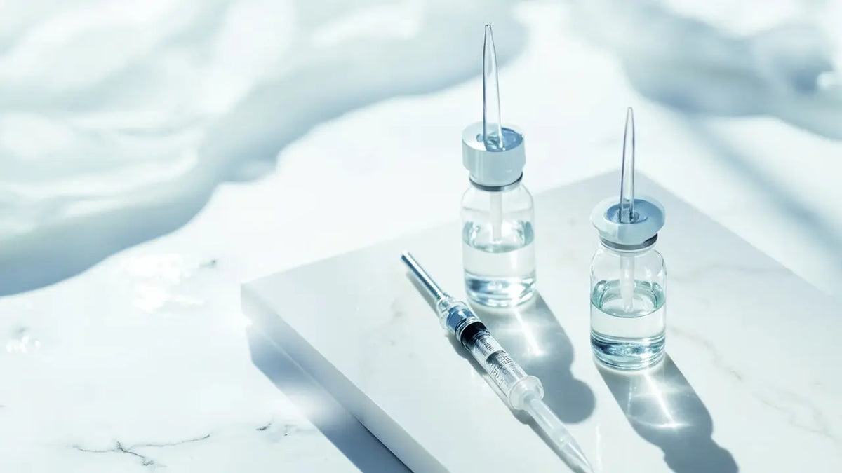 Two clear glass vials with silver caps and a medical syringe on white marble for research peptide use in India