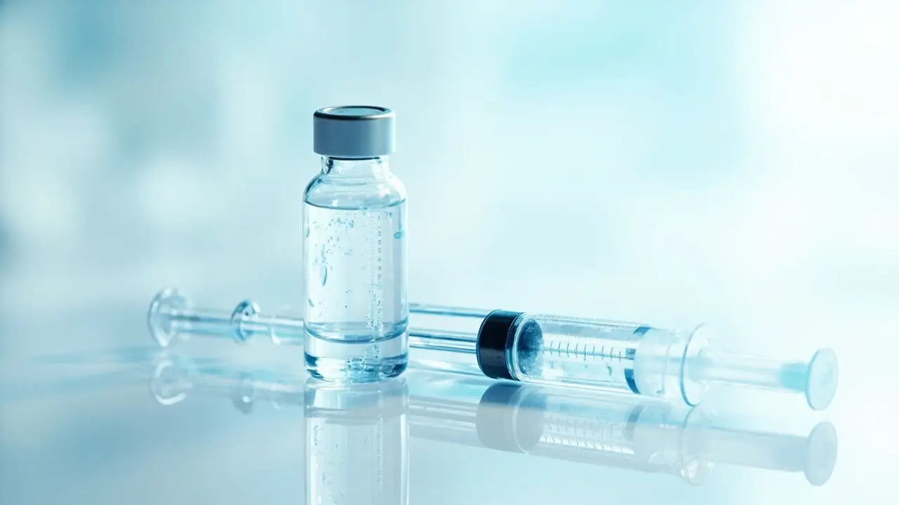 Clear glass vial with silver cap and syringe for peptides fat loss research