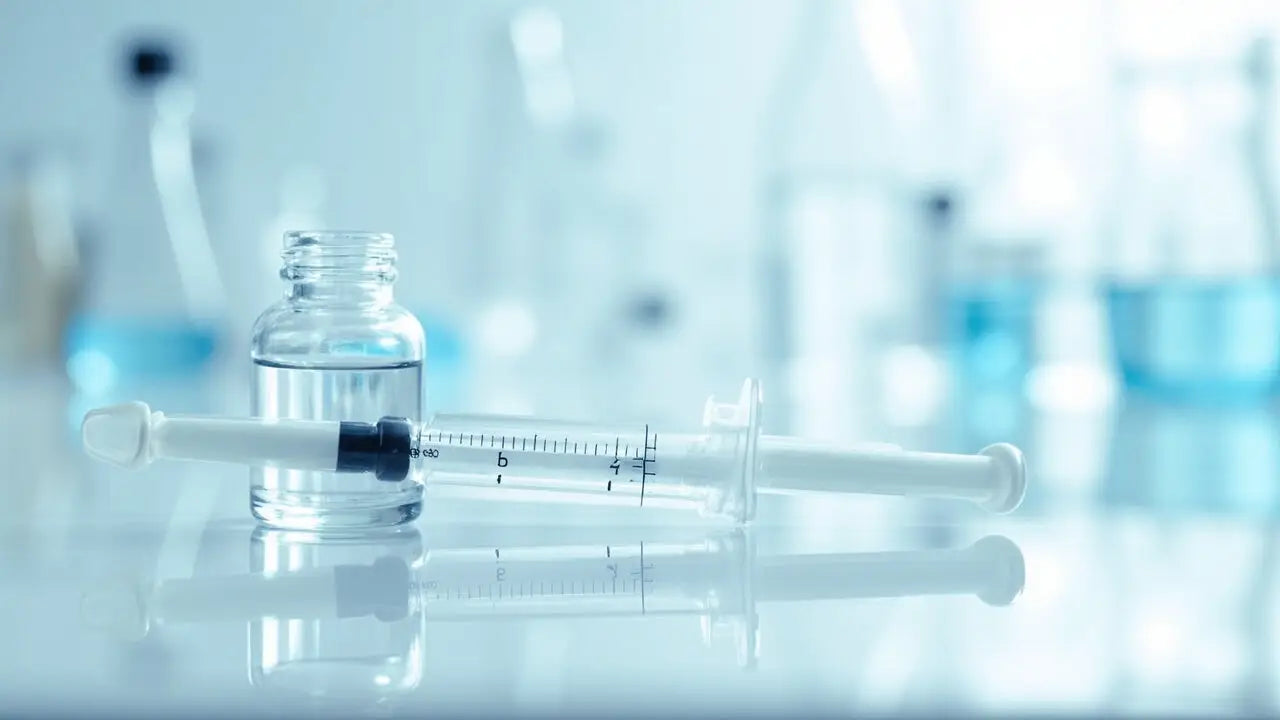 Clear glass vial with black cap and white ml-marked syringe for BPC 157 TB 500 peptides