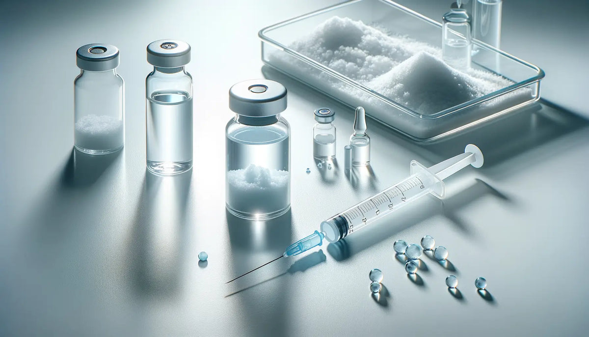 Clear glass vials with silver caps containing white crystalline powder and liquid showcasing BioPeptide pure peptides.