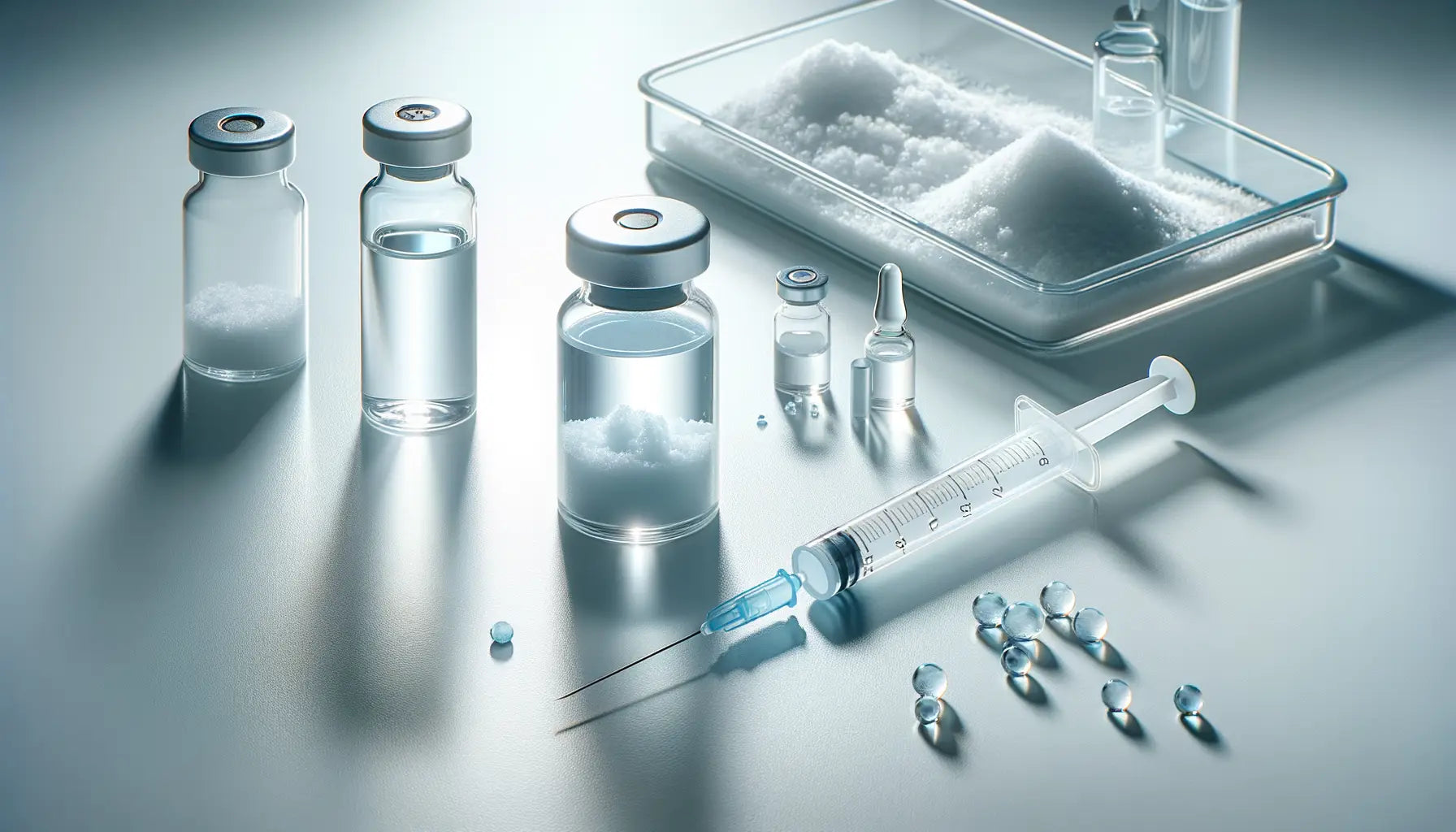 Clear glass vials with silver caps containing white crystalline powder and liquid showcasing BioPeptide pure peptides.