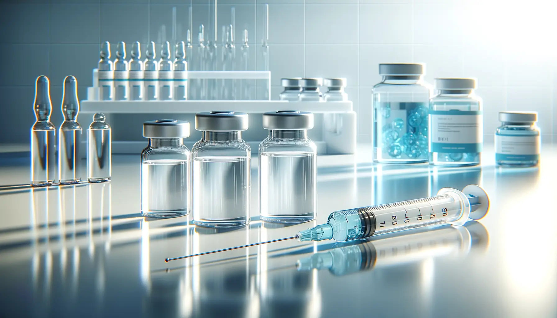 Translucent blue GHK-Cu peptide syringe with needle on reflective surface