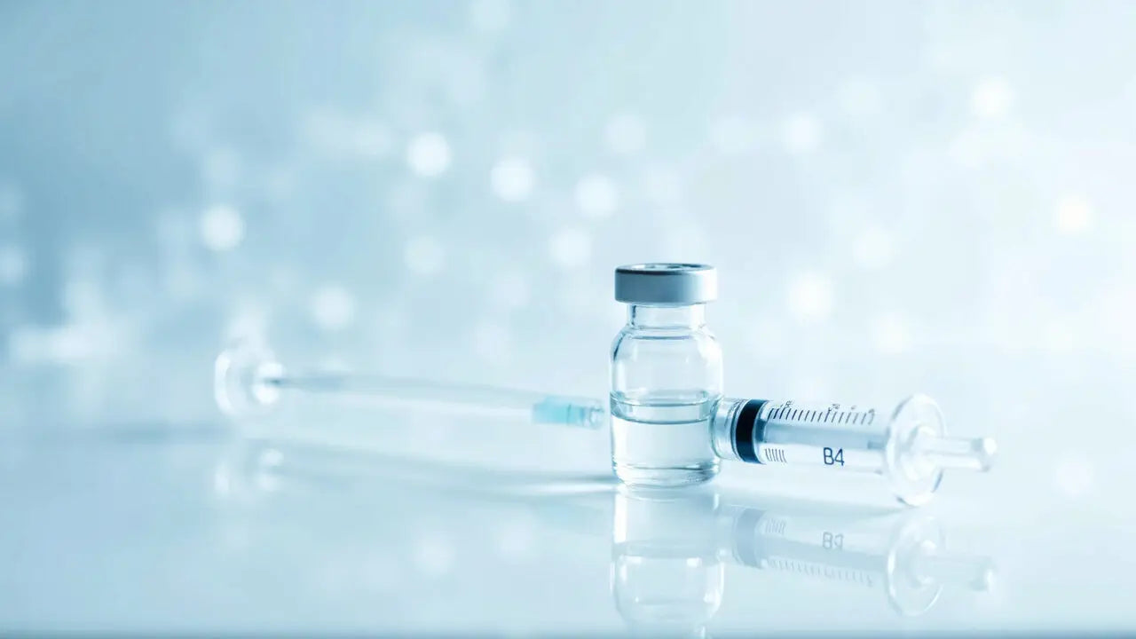 Clear glass peptide vial with silver cap beside syringe marked b4