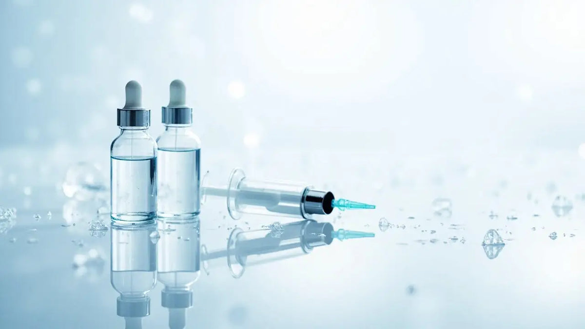 Two clear glass peptide storage dropper bottles with silver caps and a transparent syringe with teal needle on reflective surface