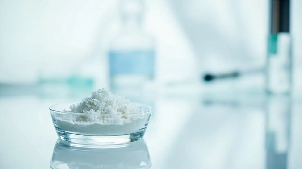 Clear glass petri dish with fine white peptide crystals for India buyers