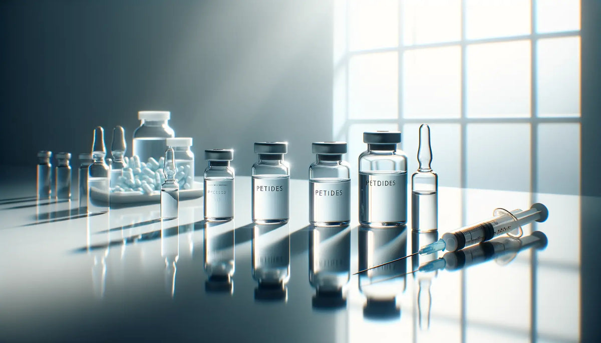 Clear glass vials labeled peptides near syringes on reflective surface illustrating 99 percent pure peptides for wellness.