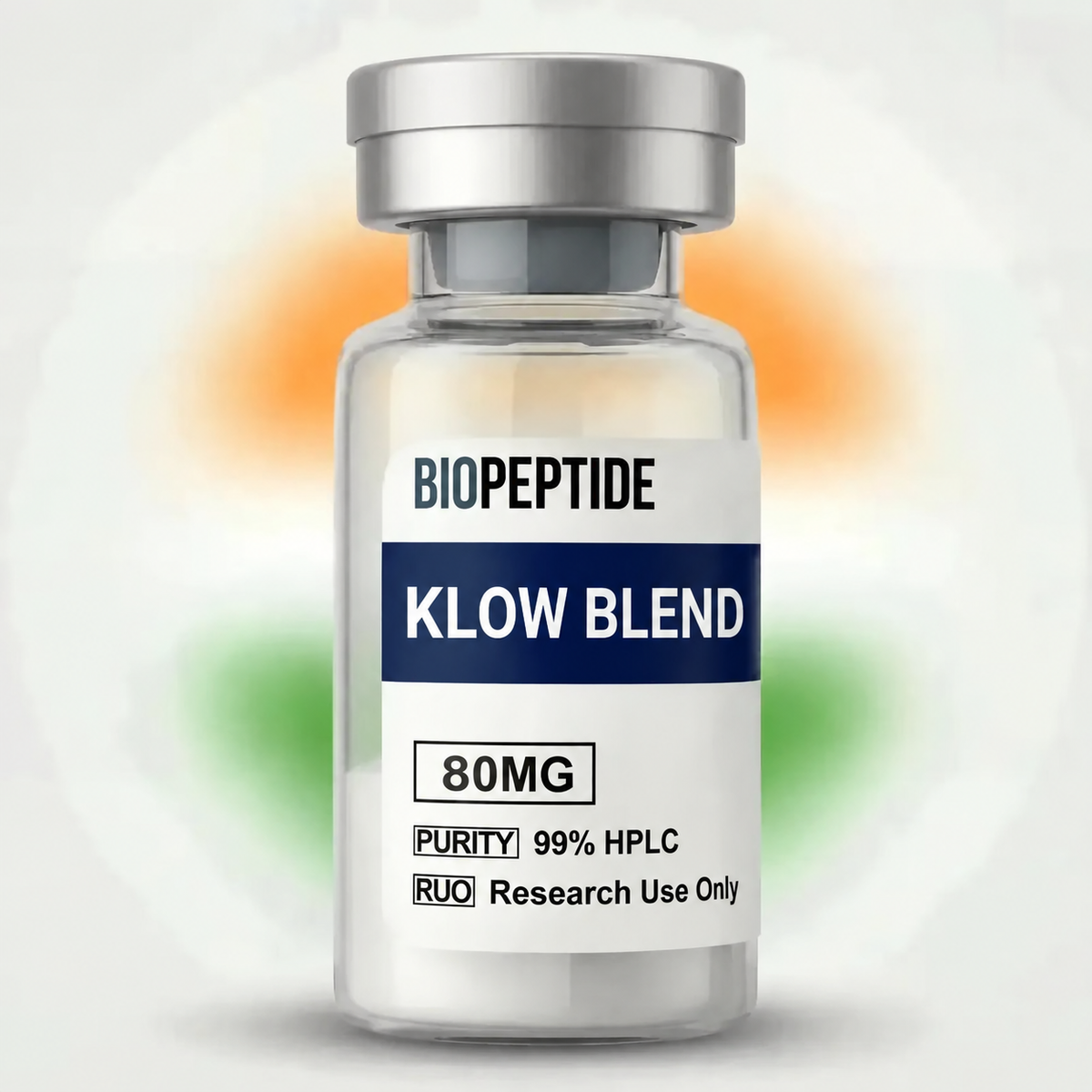 BioPeptide KLOW BLEND 80MG peptide vial, 99% pure peptides, with a clear label and sealed stopper.