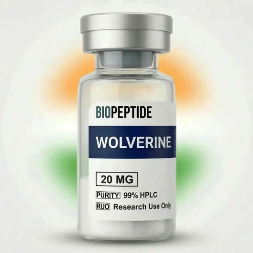 Clear glass vial with silver cap labeled biopeptide wolverine 20 mg for research use in cjc-1295 no dac and ipamorelin blend