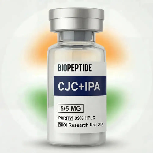 Clear glass vial with silver cap and white label reading biopeptide cjc plus ipa 5 mg 99 percent pure peptides for research use