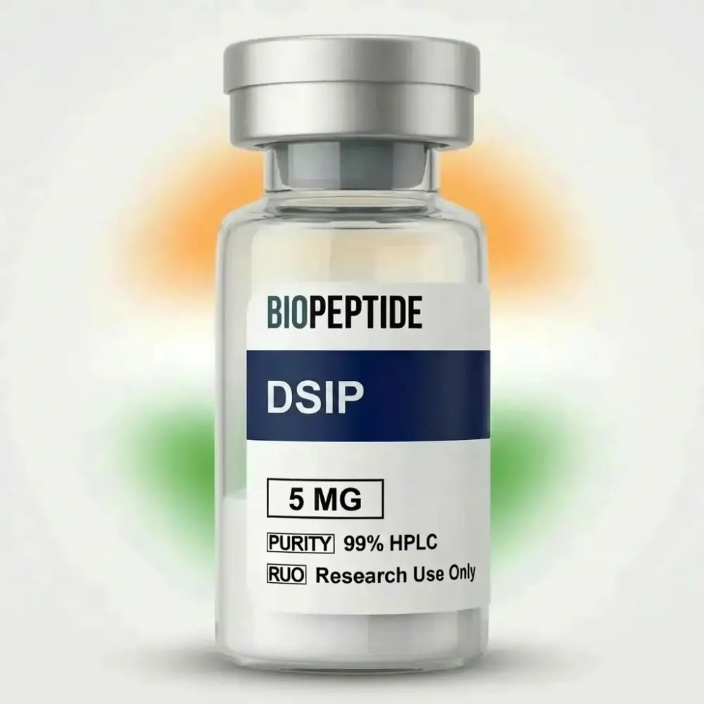 Clear glass vial with silver cap of biopeptide dsip 5 mg peptide for research use only with 99% purity label