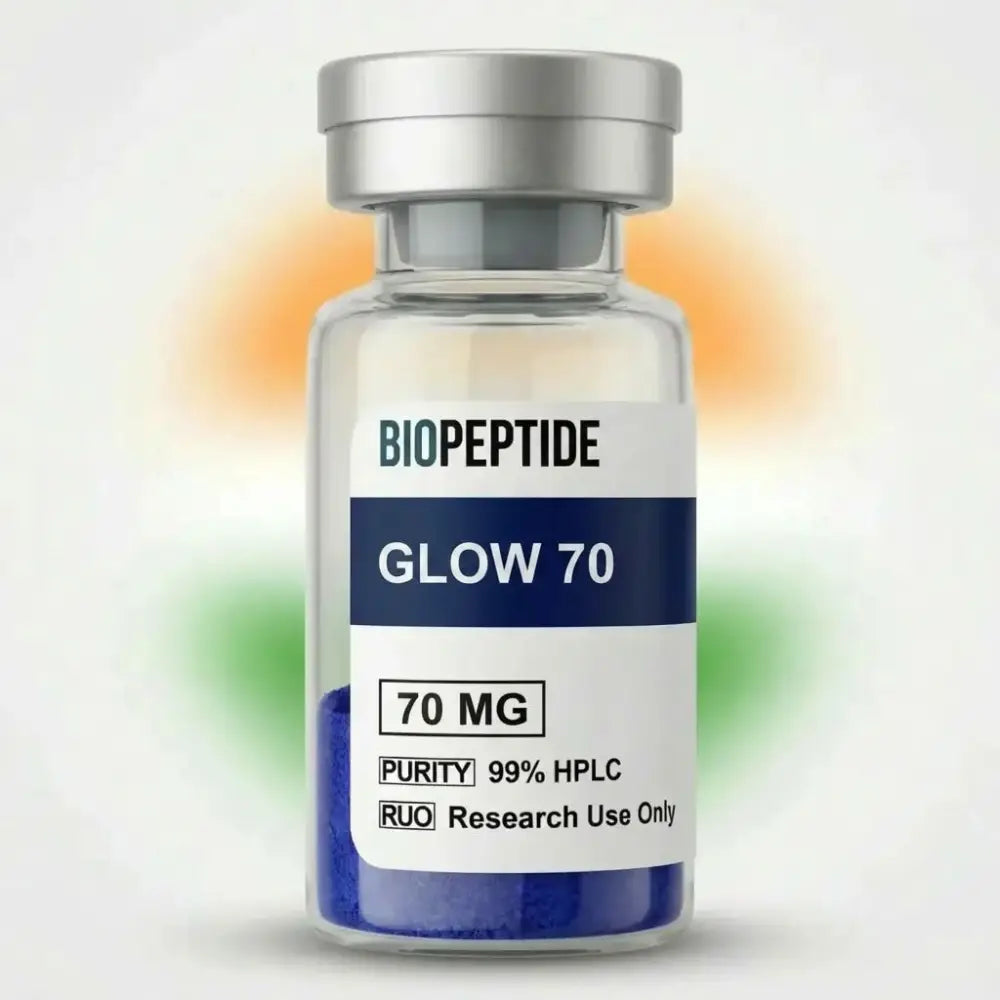 A clear glass vial with silver cap containing blue biopeptide glow 70 powder 70 mg 99% pure peptides for research use