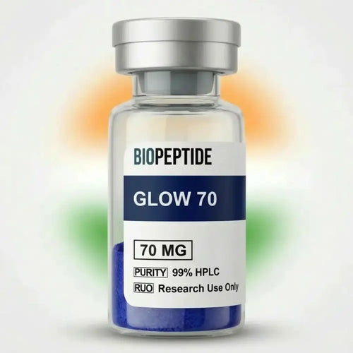 A clear glass vial with silver cap containing blue biopeptide glow 70 powder 70 mg 99% pure peptides for research use