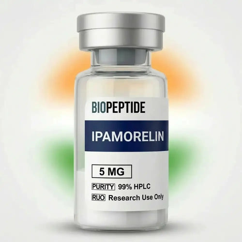 Clear glass vial with silver cap labeled biopeptide ipamorelin 5 mg for research use in ipamorelin 5mg peptide 99 purity