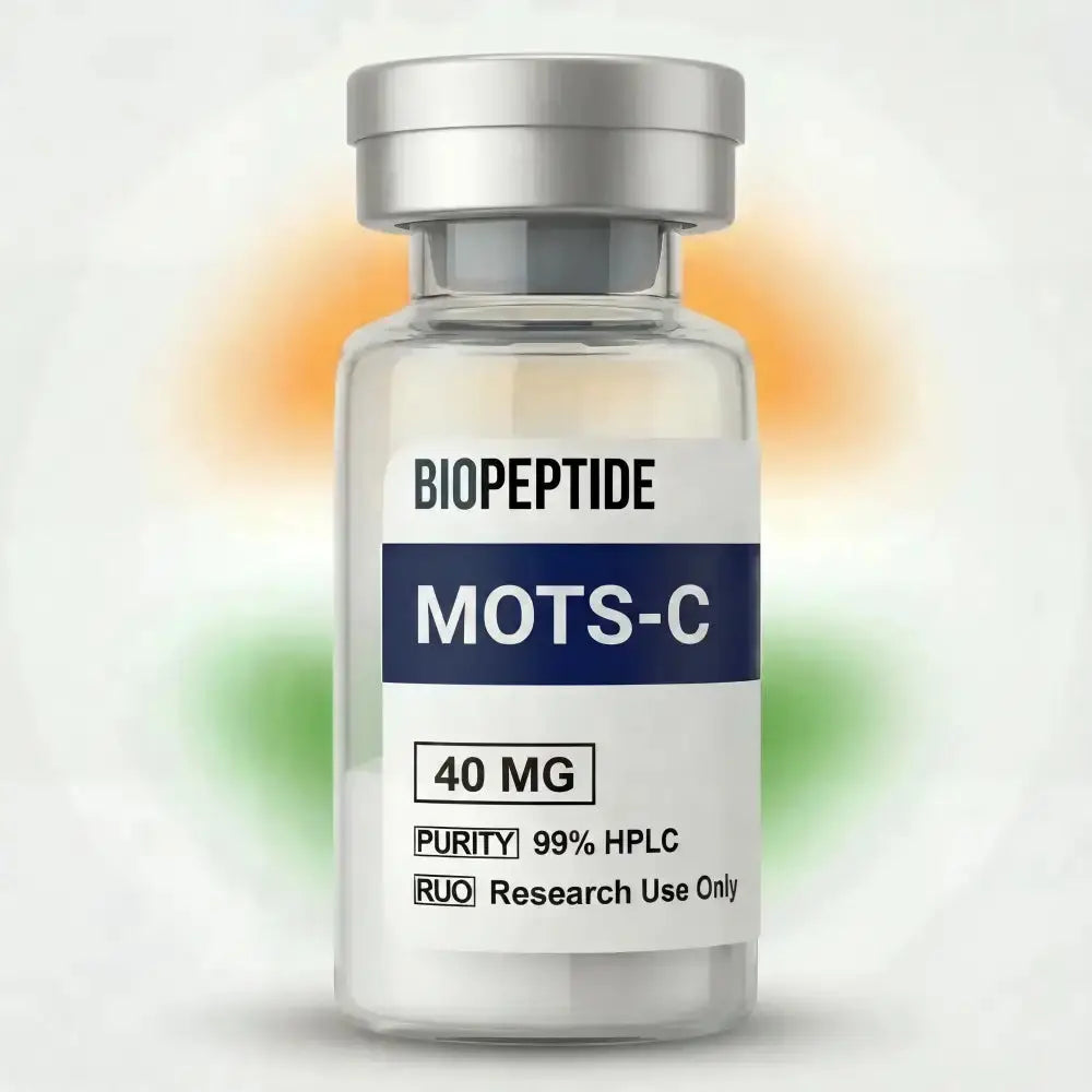 Clear glass vial with silver cap and label reading biopeptide mots-c 40 mg for mots-c 10mg 40mg pure peptides