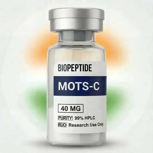 Clear glass vial with silver cap and label reading biopeptide mots-c 40 mg for mots-c 10mg 40mg pure peptides
