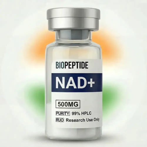 Clear glass vial with silver cap labeled biopeptide nad+ 500mg 99% pure peptides for research use only