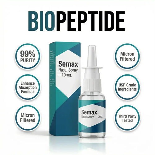Semax Nasal Spray 10mg in clear glass bottle with teal label, 99% purity
