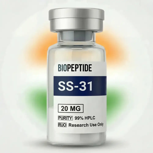 Clear glass vial with silver cap labeled biopeptide ss-31 20 mg 99 percent hplc purity in ss-31 10mg peptide product